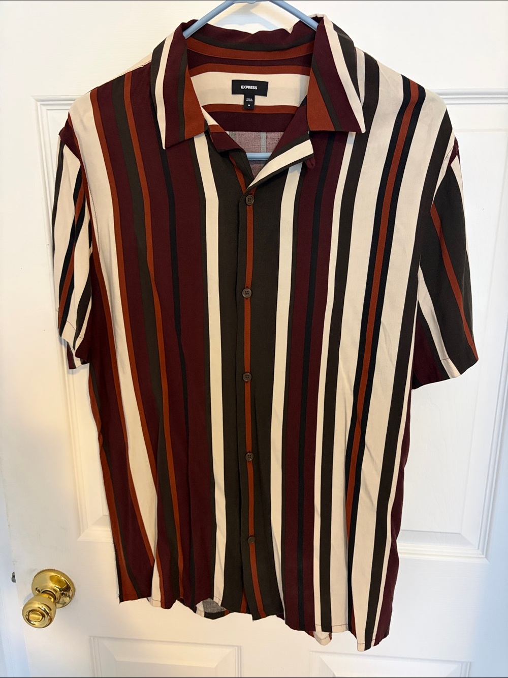 Express Men’s Short Sleeve Stripe Button-Up Shirt - Burgundy/Black/Cream/Rust
